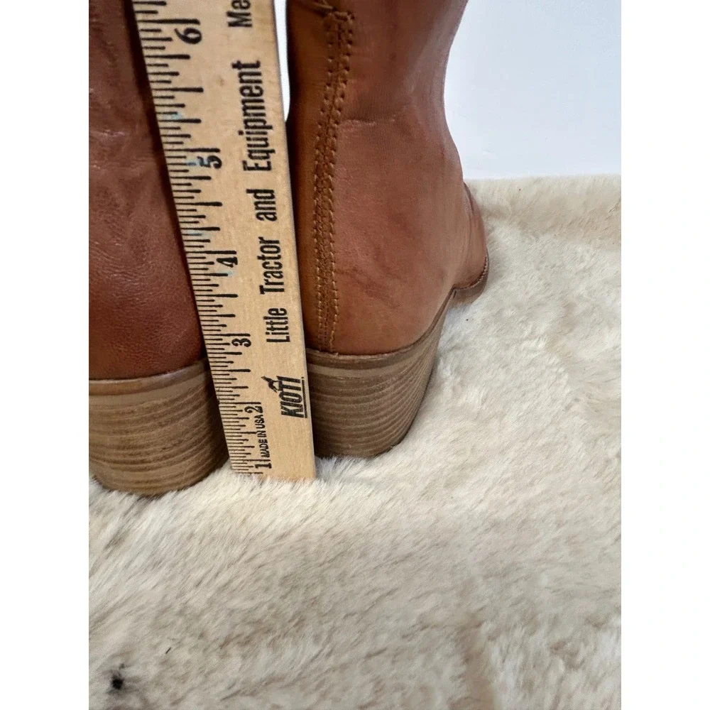 Hour Lee Cognac Brown Leather Ankle Boots Round Toe Stacked Block Heel Size 7M